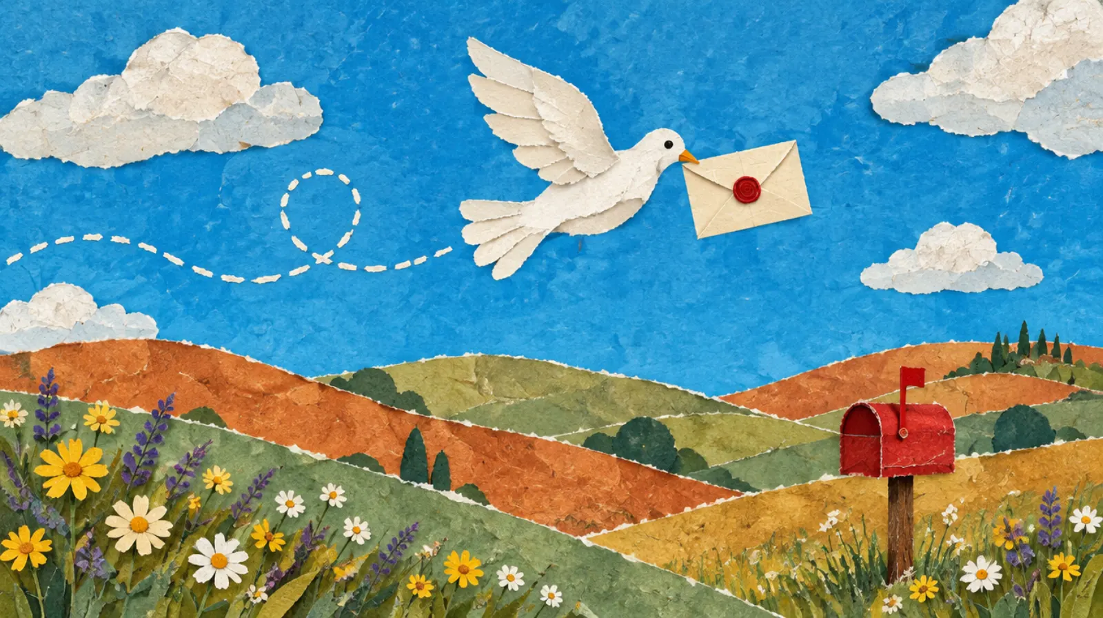 A paper-cut dove carries a sealed envelope across a blue sky above rolling hills and a red mailbox.