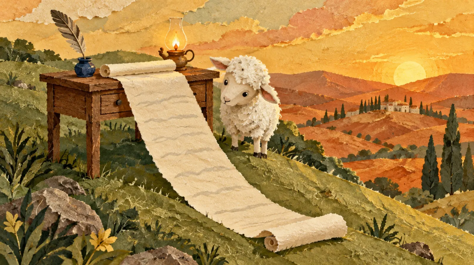A paper-cut writing desk on a sunny hill holds a blank scroll and a quill, with a small sheep resting beside it.