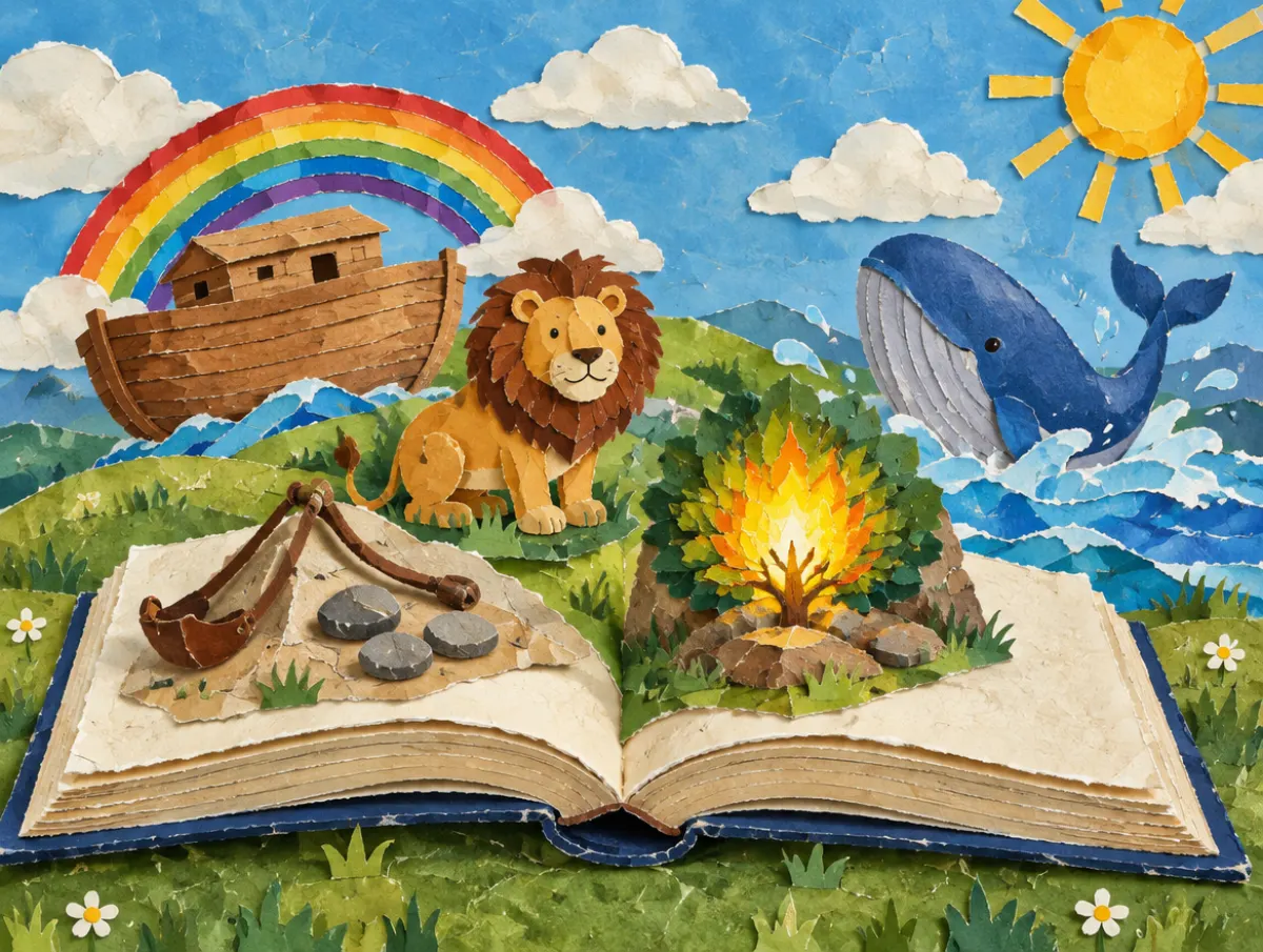 A paper-cut picture book lies open on a hill with pop-up scenes rising from its pages: an ark under a rainbow, a lion, a sling and stones, a glowing bush, and a whale.