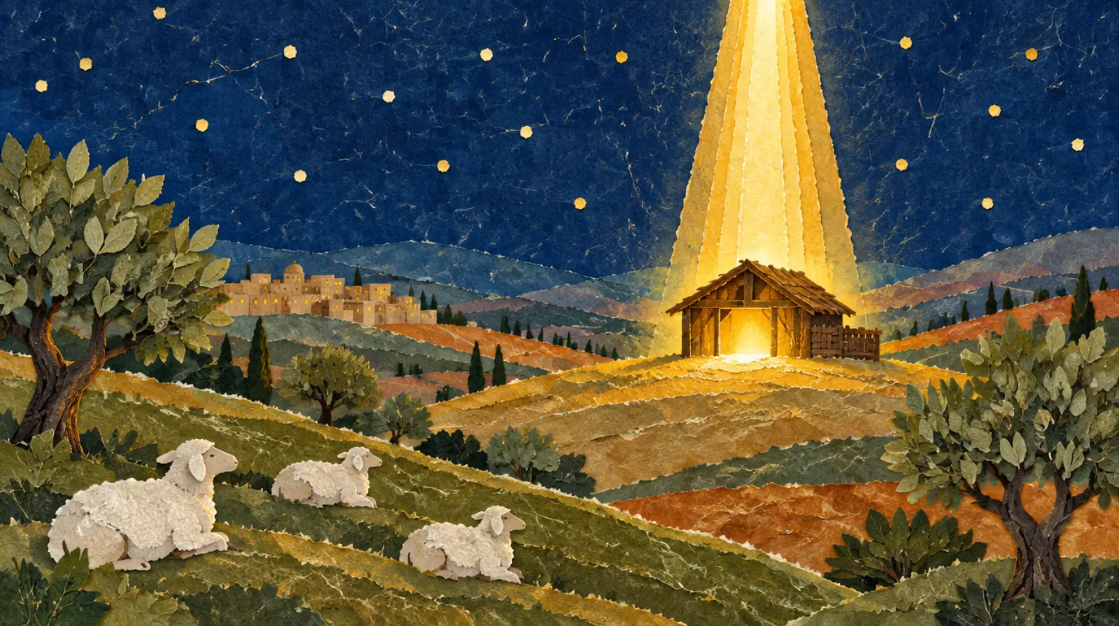 A paper-cut night over the hills of Bethlehem. One beam of golden light pours down onto a small stable while sheep rest on the hillside.