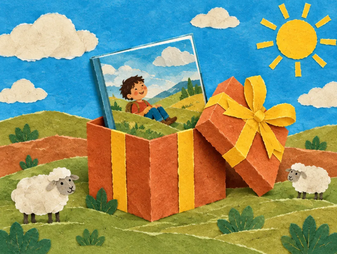 Paper-cut scene of a wrapped terracotta present with a yellow bow, a storybook rising out of it, on rolling hills with two sheep