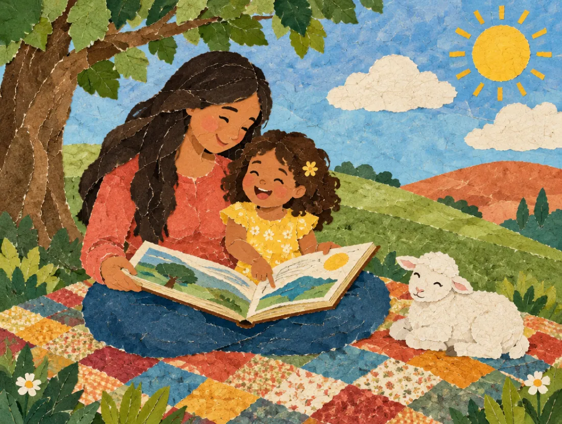 Paper-cut scene of a mother and her curly-haired daughter reading a picture book on a patchwork quilt, a lamb resting beside them