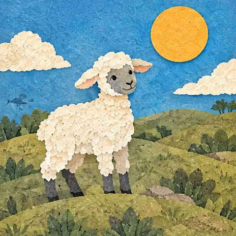 Paper-cut scene of a lamb resting in a meadow